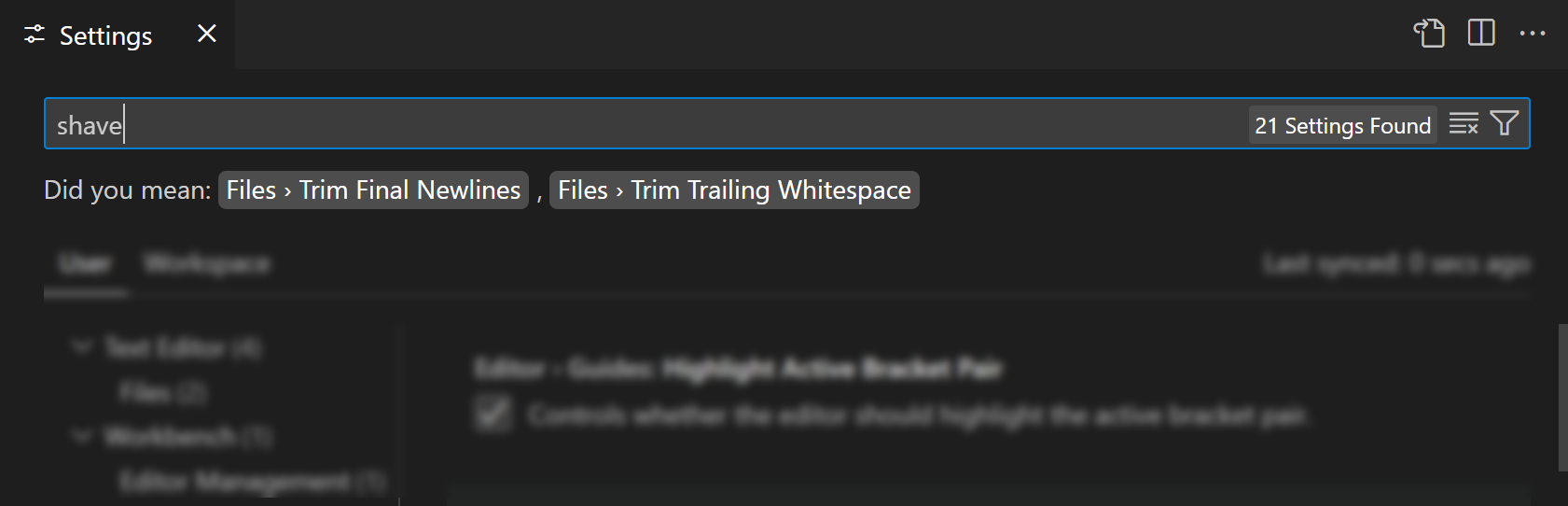 Screenshot that shows the Settings editor showing AI-generated suggestions for settings.